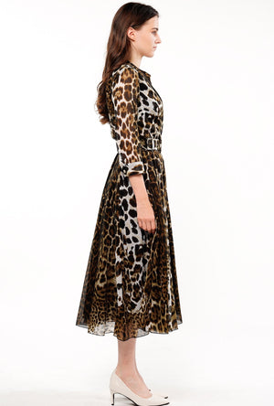 Aster Dress Shirt Collar 3/4 Sleeve Midi Length Cotton Musola (Colombo Leopard)