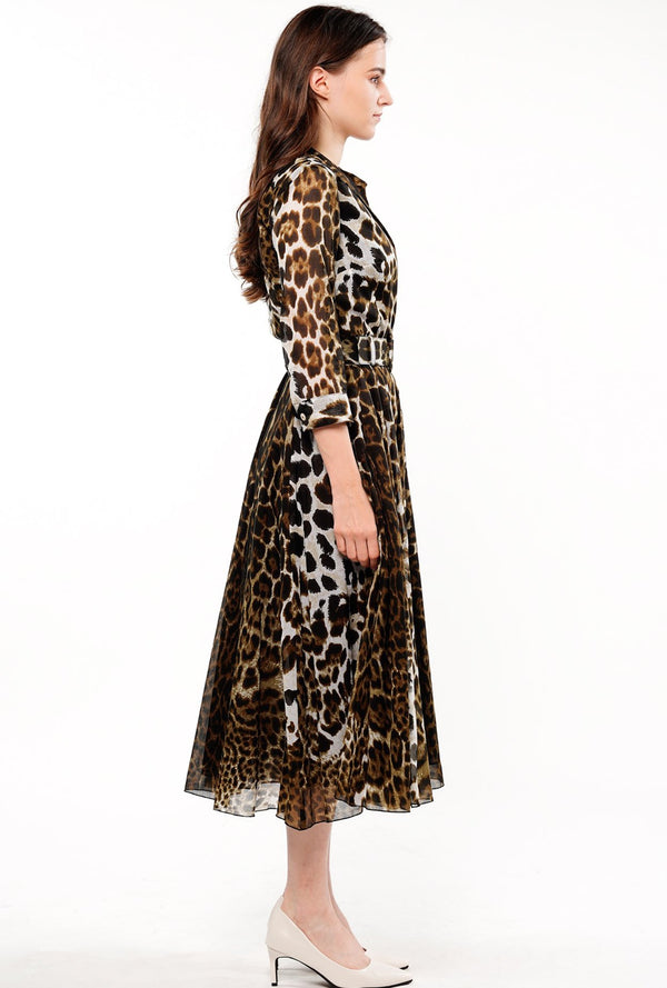 Aster Dress Shirt Collar 3/4 Sleeve Midi Length Cotton Musola (Colombo Leopard)