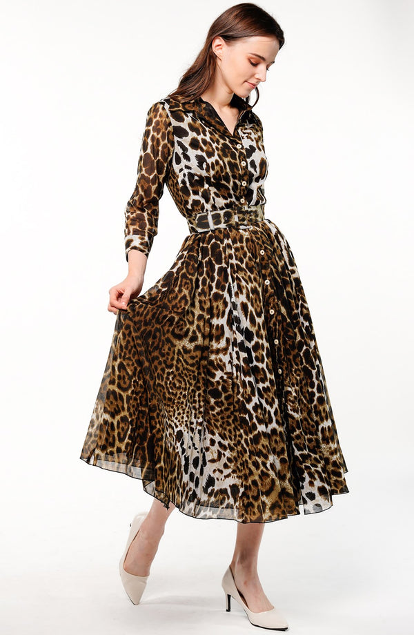 Aster Dress Shirt Collar 3/4 Sleeve Midi Length Cotton Musola (Colombo Leopard)
