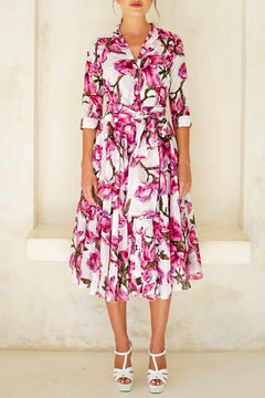 Aster Dress Shirt Collar 3/4 Sleeve Midi Length Cotton Musola (Magnolia Blossom)