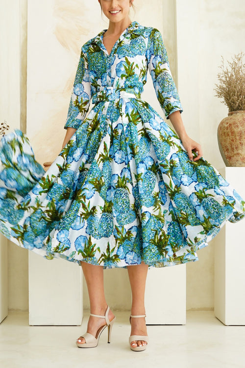 Eva Dress Crew Neck 3/4 Sleeve Midi Length Cotton Musola (Secretariat Horse White Bright)