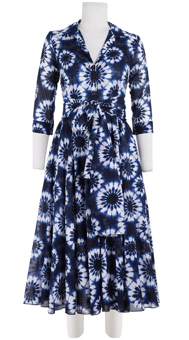 Aster Dress Shirt Collar 3/4 Sleeve Midi Length Cotton Musola (Shibori Snowflake)