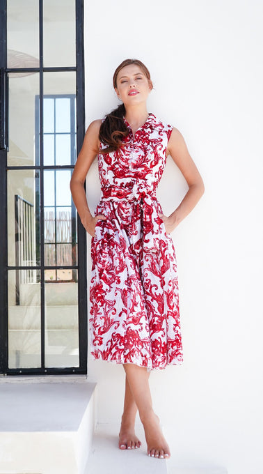 Aster Dress Shirt Collar Sleeveless Midi Length Cotton Musola (Cherub Tile)