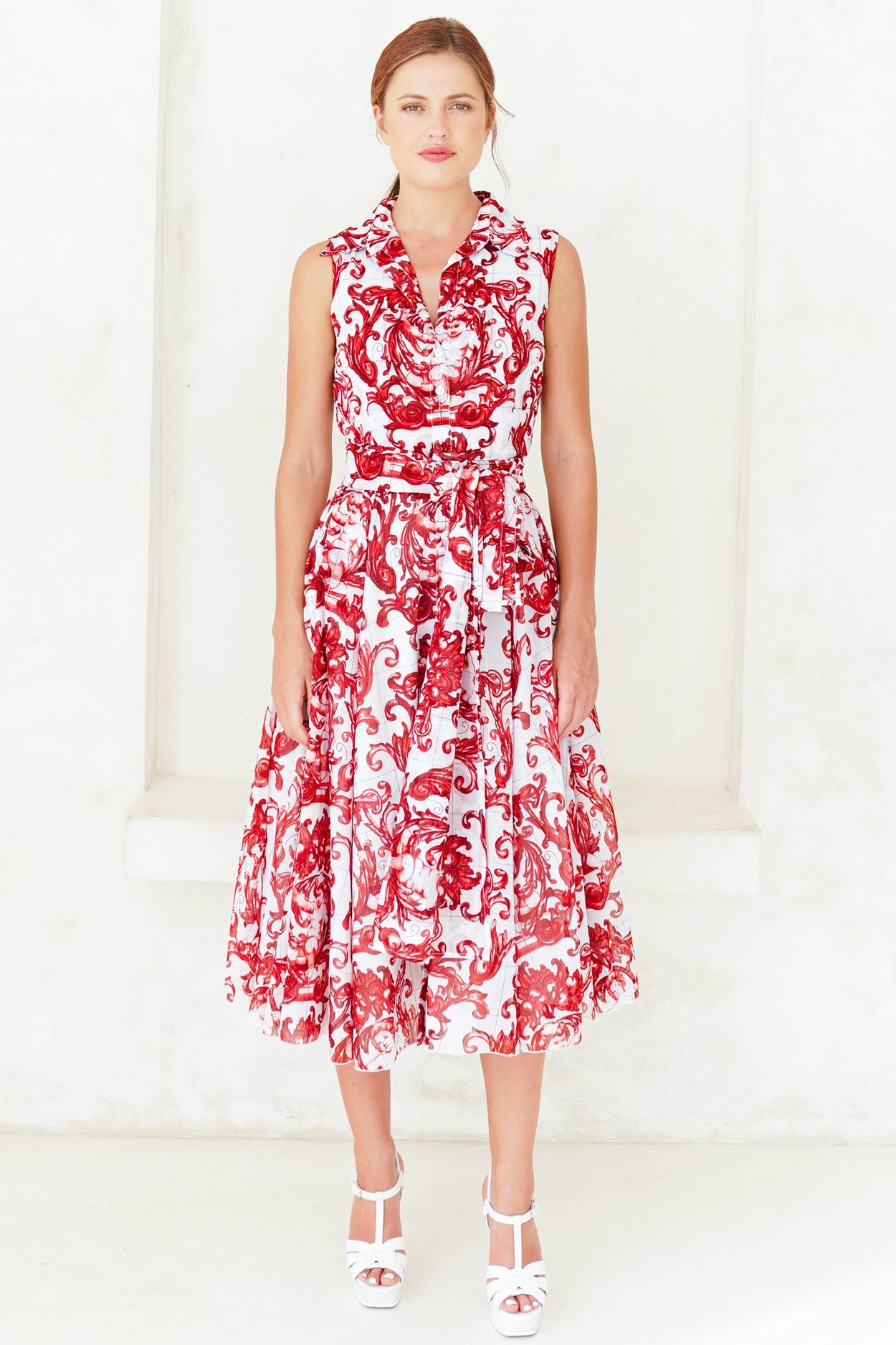 Aster Dress Shirt Collar Sleeveless Midi Length Cotton Musola (Cherub Tile)
