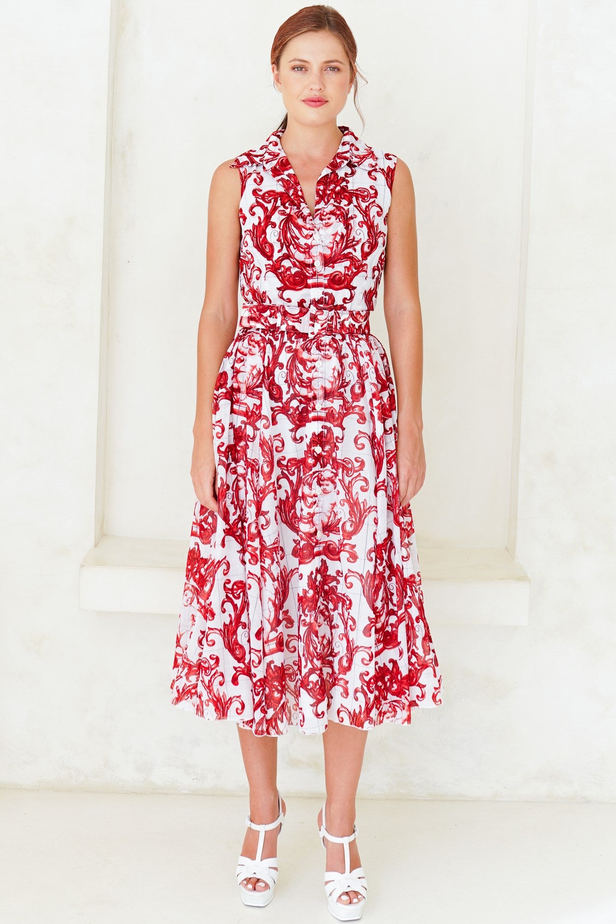 Aster Dress Shirt Collar Sleeveless Midi Length Cotton Musola (Cherub Tile)