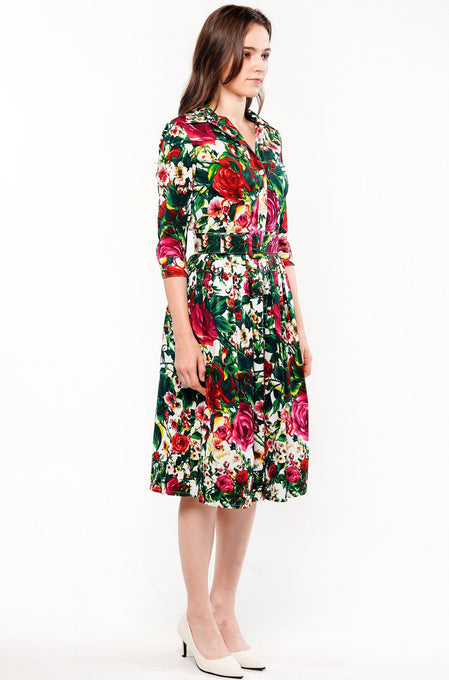 Audrey Dress #1 Shirt Collar 3/4 Sleeve Cotton Stretch (Rose Garden Small)