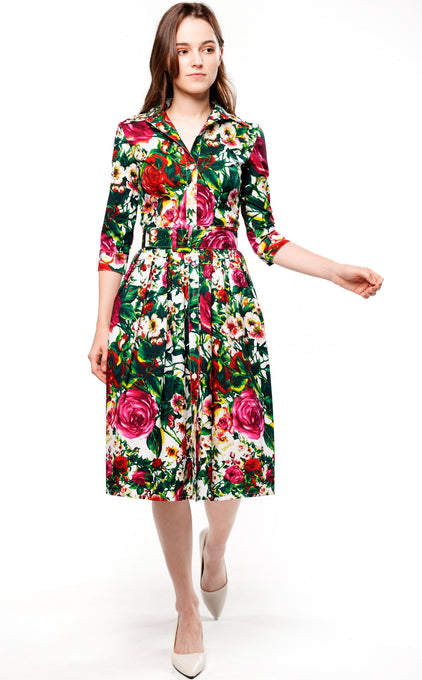 Audrey Dress #1 Shirt Collar 3/4 Sleeve Cotton Stretch (Rose Garden Small)