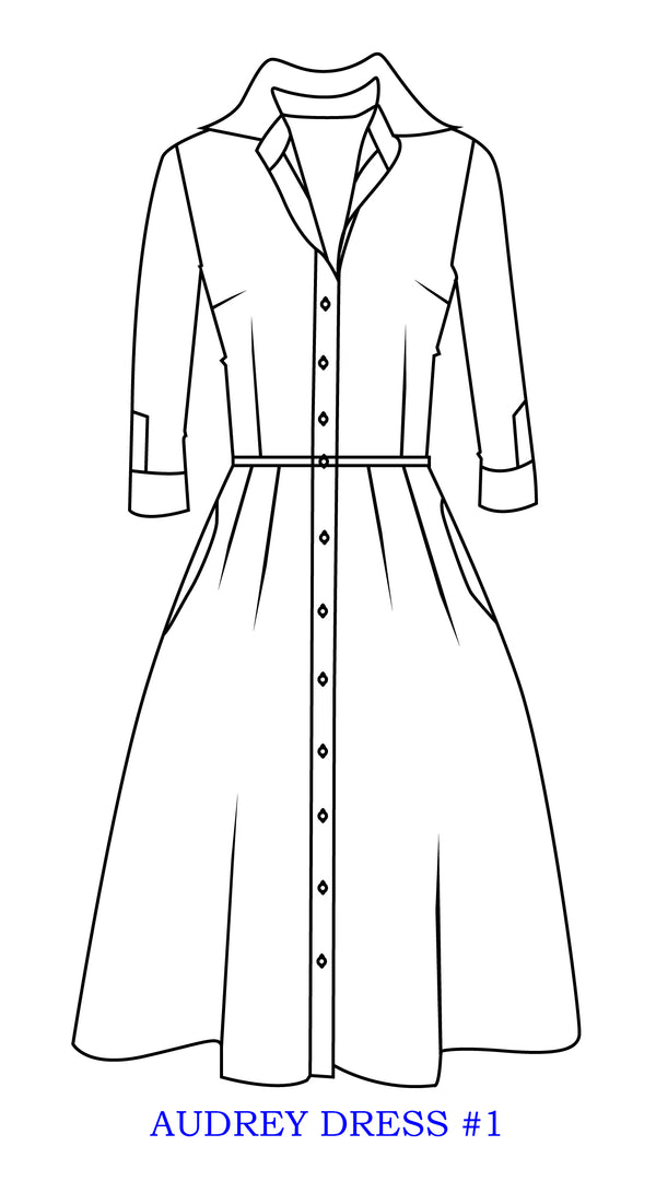 Audrey Dress #1 Shirt Collar 3/4 Sleeve Long Length Cotton Stretch (Feather Cascade Mid Paste)