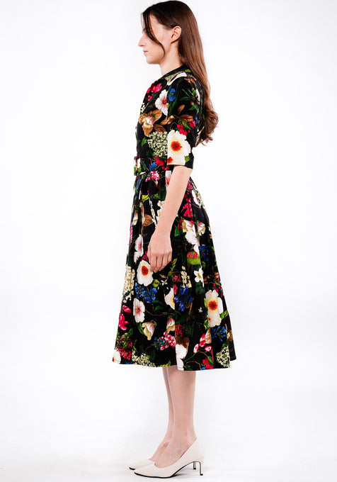 Audrey Dress #1 Shirt Collar 1/2 Sleeve Long Length Cotton Stretch (Florentine Flowers Small)