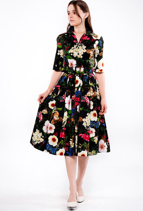 Audrey Dress #1 Shirt Collar 1/2 Sleeve Long Length Cotton Stretch (Florentine Flowers Small)
