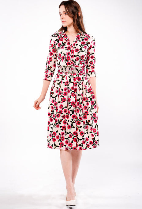 Audrey Dress #1 Shirt Collar 3/4 Sleeve Long Length Cotton Stretch (Azalea Flower Small)