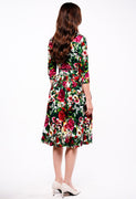 Audrey Dress #1 Shirt Collar 3/4 Sleeve Long Length Cotton Stretch (Rose Garden Small)