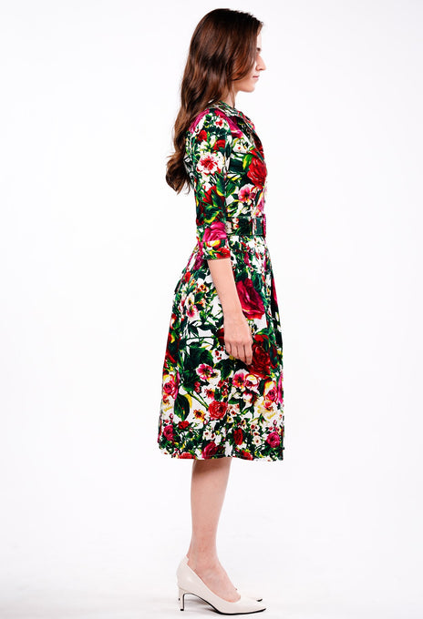 Audrey Dress #1 Shirt Collar 3/4 Sleeve Long Length Cotton Stretch (Rose Garden Small)