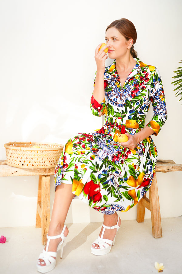 Audrey Dress #2 Shirt Collar 3/4 Sleeve Long Length Cotton Stretch (Tuscan Olive Lemon Big)