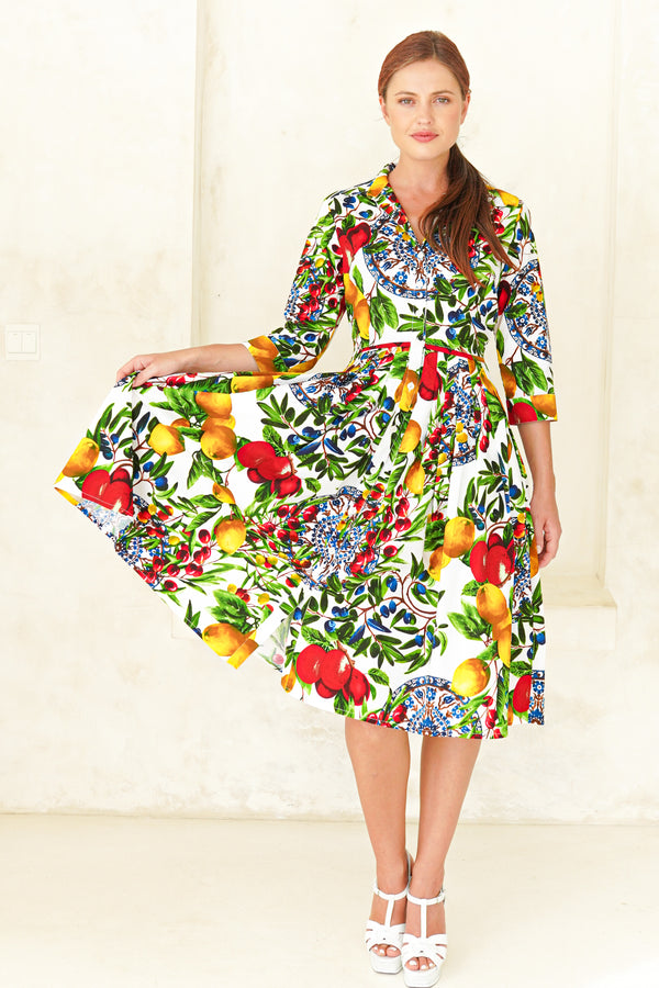 Audrey Dress #2 Shirt Collar 3/4 Sleeve Long Length Cotton Stretch (Tuscan Olive Lemon Big)