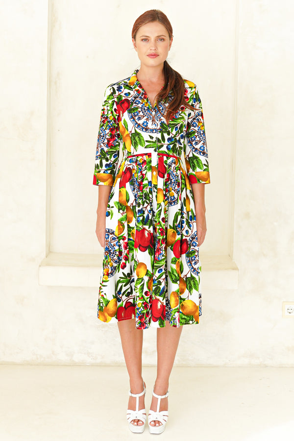 Audrey Dress #2 Shirt Collar 3/4 Sleeve Long Length Cotton Stretch (Tuscan Olive Lemon Big)