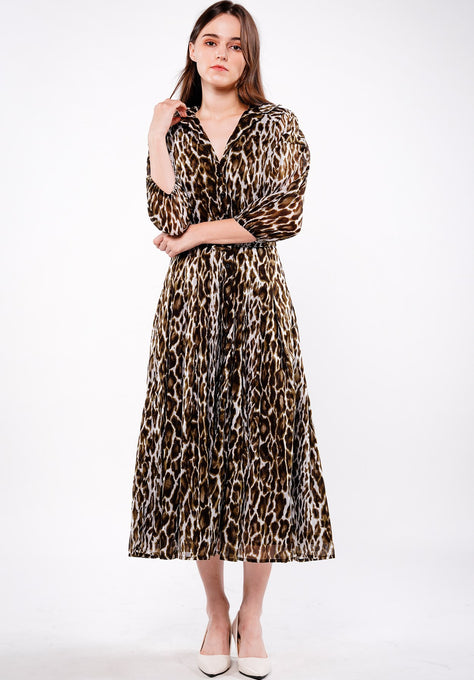 Audrey Dress #4 Shirt Collar 3/4 Puff Sleeve Midi Length Cotton Musola (Pierre Leopard White)