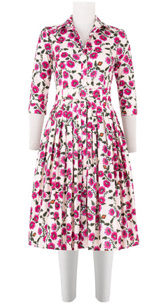 Audrey Dress #2 Shirt Collar 3/4 Sleeve Long Length Cotton Stretch (Azalea Flower Small)