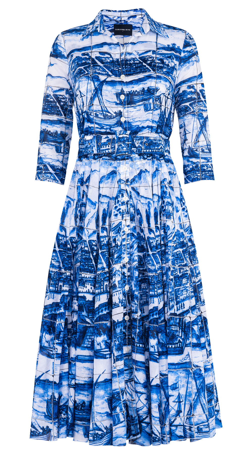 Aster Dress Shirt Collar 3/4 Sleeve Midi Length Cotton Musola (Azulejo)
