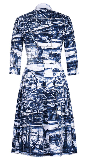 Audrey Dress #1 Shirt Collar 3/4 Sleeve Long Length Cotton Stretch (Azulejo All Over)