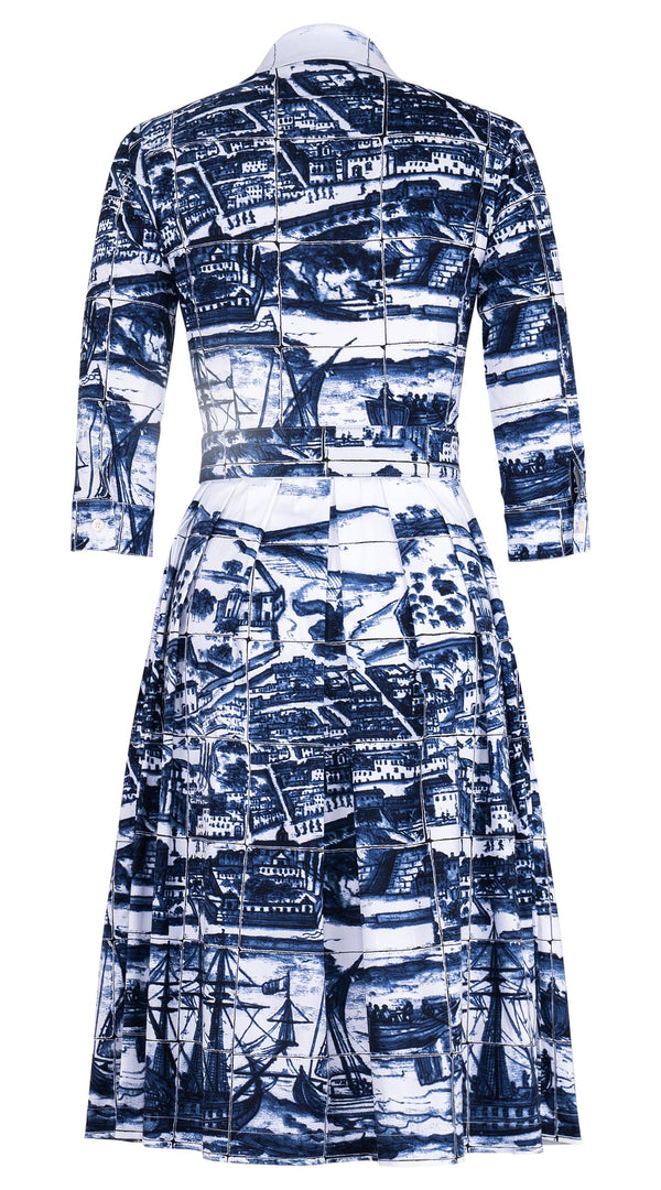 Audrey Dress #1 Shirt Collar 3/4 Sleeve Long Length Cotton Stretch (Azulejo All Over)
