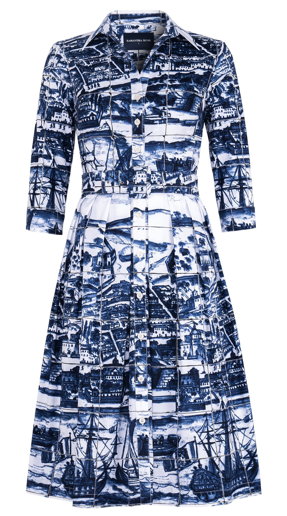 Audrey Dress #1 Shirt Collar 3/4 Sleeve Long Length Cotton Stretch (Azulejo All Over)