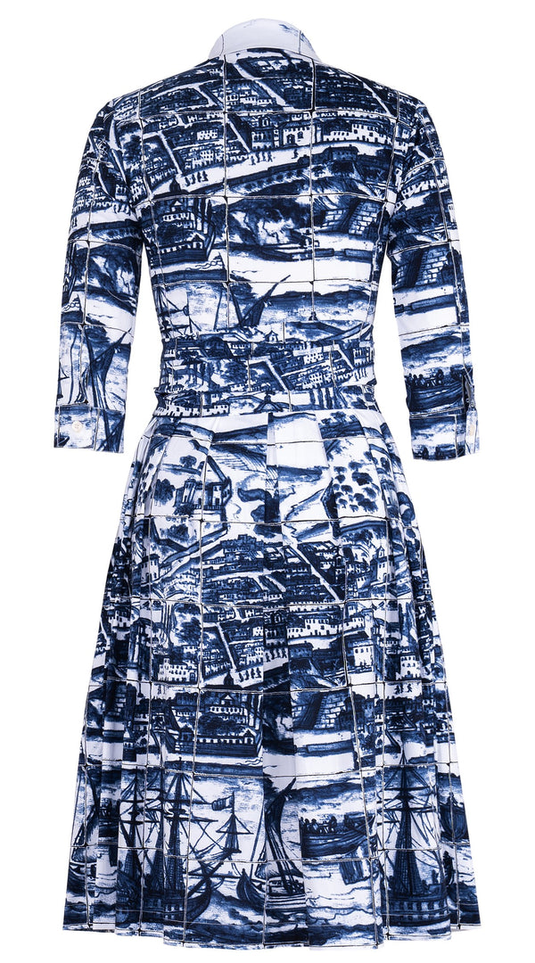 Audrey Dress #1 Shirt Collar 3/4 Sleeve Long Length Cotton Stretch (Azulejo All Over)