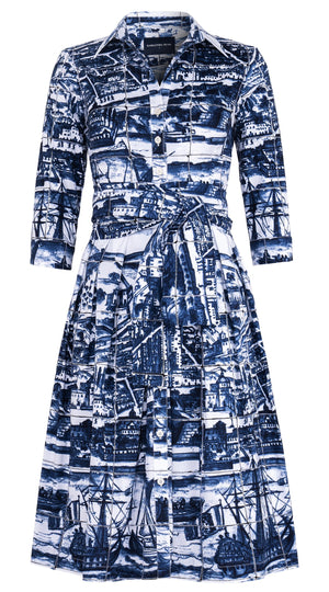 Audrey Dress #1 Shirt Collar 3/4 Sleeve Long Length Cotton Stretch (Azulejo All Over)