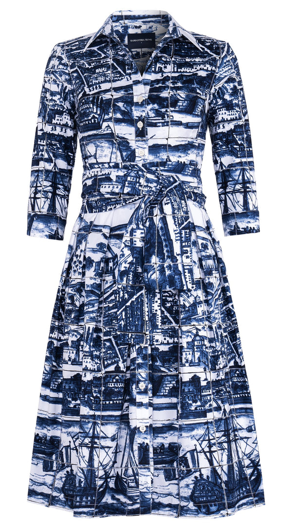 Audrey Dress #1 Shirt Collar 3/4 Sleeve Long Length Cotton Stretch (Azulejo All Over)