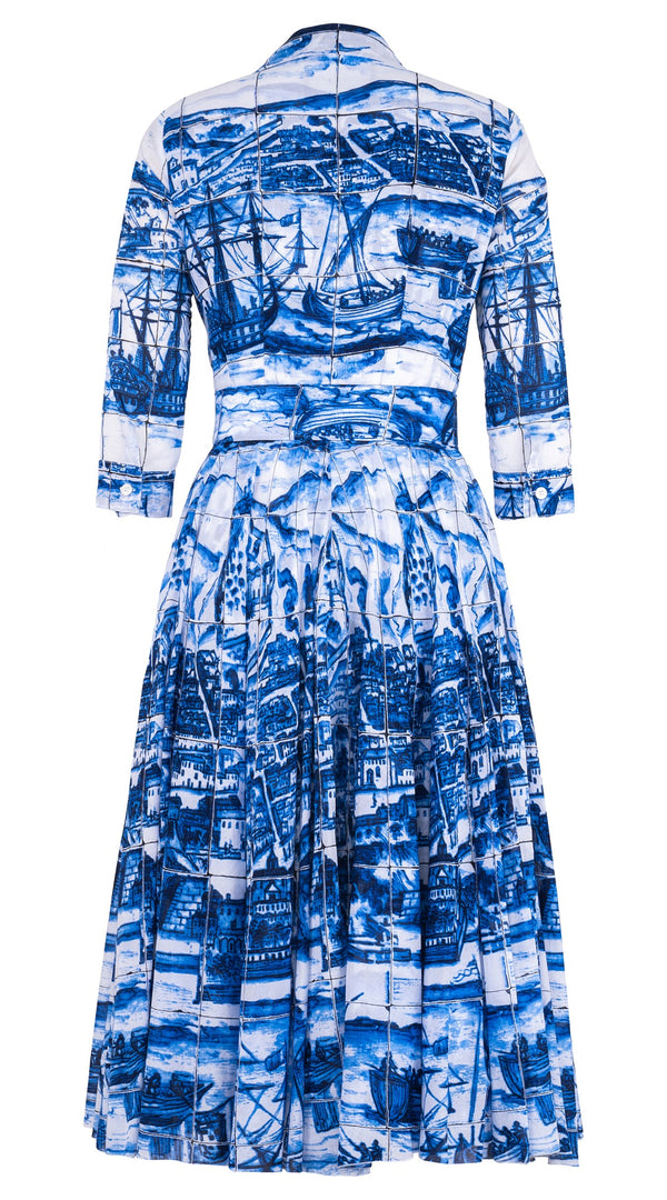 Aster Dress Shirt Collar 3/4 Sleeve Midi Length Cotton Musola (Azulejo All Over)