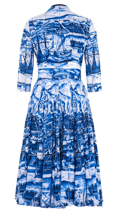 Aster Dress Shirt Collar 3/4 Sleeve Midi Length Cotton Musola (Azulejo All Over)