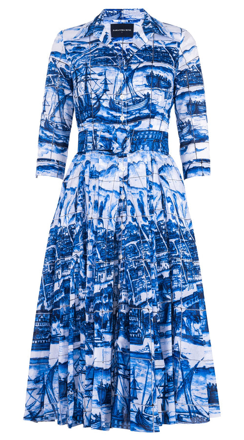 Aster Dress Shirt Collar 3/4 Sleeve Midi Length Cotton Musola (Azulejo All Over)