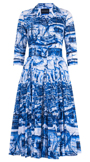 Aster Dress Shirt Collar 3/4 Sleeve Midi Length Cotton Musola (Azulejo All Over)