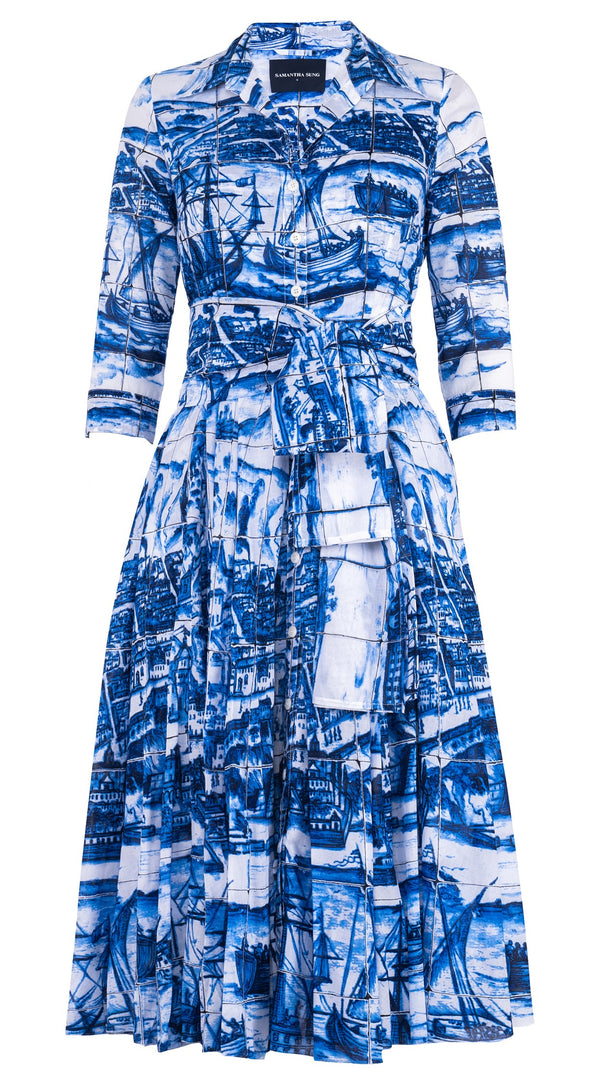 Aster Dress Shirt Collar 3/4 Sleeve Midi Length Cotton Musola (Azulejo All Over)