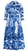 Aster Dress Shirt Collar 3/4 Sleeve Midi Length Cotton Musola (Azulejo All Over)