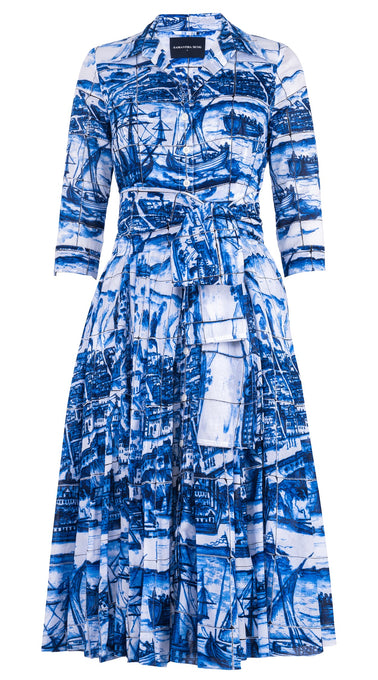 Aster Dress Shirt Collar 3/4 Sleeve Midi Length Cotton Musola (Azulejo All Over)