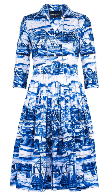 Audrey Dress #2 Shirt Collar 3/4 Sleeve Long Length Cotton Stretch (Azulejo All Over)