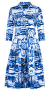 Audrey Dress #2 Shirt Collar 3/4 Sleeve Long Length Cotton Stretch (Azulejo All Over)