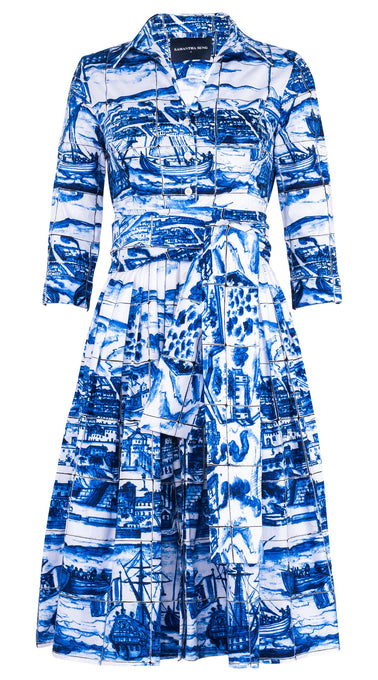 Audrey Dress #2 Shirt Collar 3/4 Sleeve Long Length Cotton Stretch (Azulejo All Over)