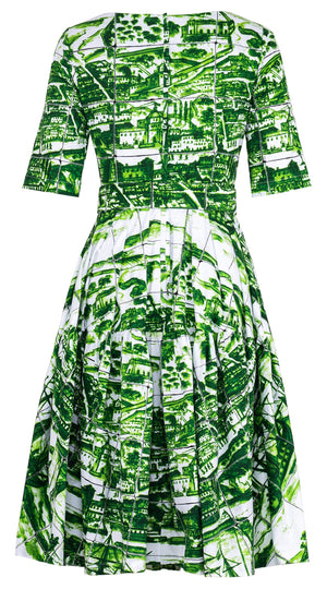 Rose Dress Round Neck 1/2 Sleeve Long Length Cotton Stretch (Azulejo All Over)