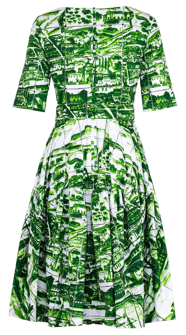 Rose Dress Round Neck 1/2 Sleeve Long Length Cotton Stretch (Azulejo All Over)