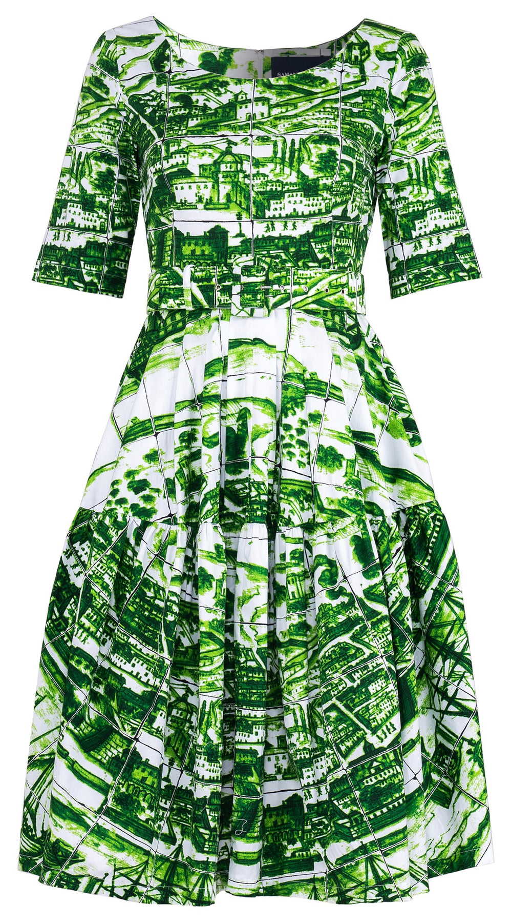 Rose Dress Round Neck 1/2 Sleeve Long Length Cotton Stretch (Azulejo All Over)