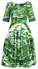 Rose Dress Round Neck 1/2 Sleeve Long Length Cotton Stretch (Azulejo All Over)