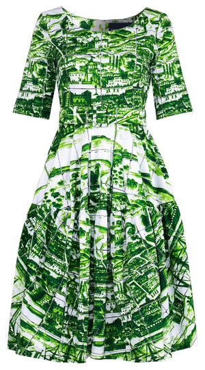 Rose Dress Round Neck 1/2 Sleeve Long Length Cotton Stretch (Azulejo All Over)