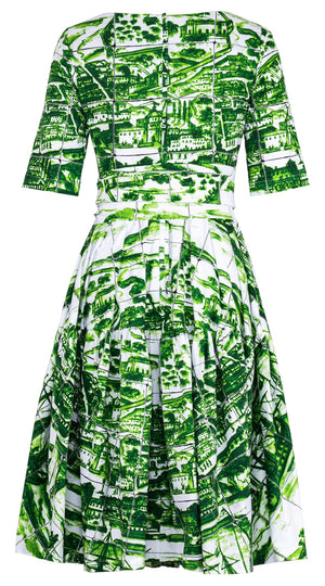 Rose Dress Round Neck 1/2 Sleeve Long Length Cotton Stretch (Azulejo All Over)