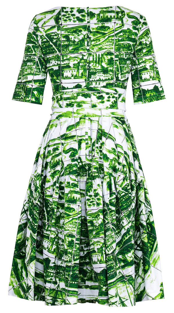 Rose Dress Round Neck 1/2 Sleeve Long Length Cotton Stretch (Azulejo All Over)