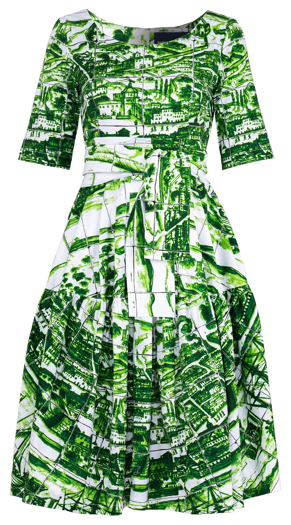 Rose Dress Round Neck 1/2 Sleeve Long Length Cotton Stretch (Azulejo All Over)