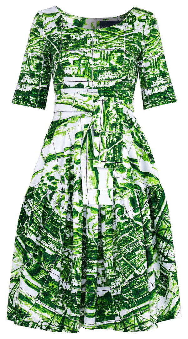 Rose Dress Round Neck 1/2 Sleeve Long Length Cotton Stretch (Azulejo All Over)