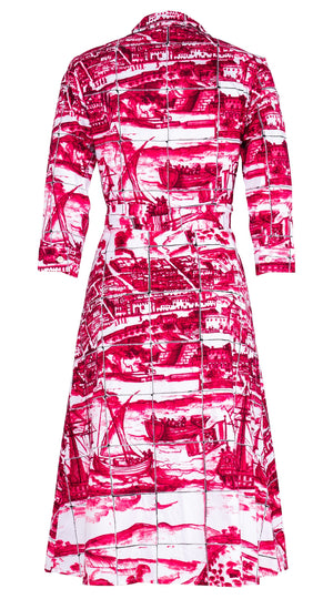 Olivia Dress Shirt Collar 3/4 Sleeve Long Length Cotton Stretch (Azulejo All Over)