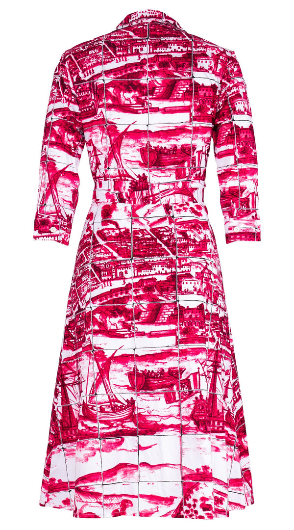 Olivia Dress Shirt Collar 3/4 Sleeve Long Length Cotton Stretch (Azulejo All Over)
